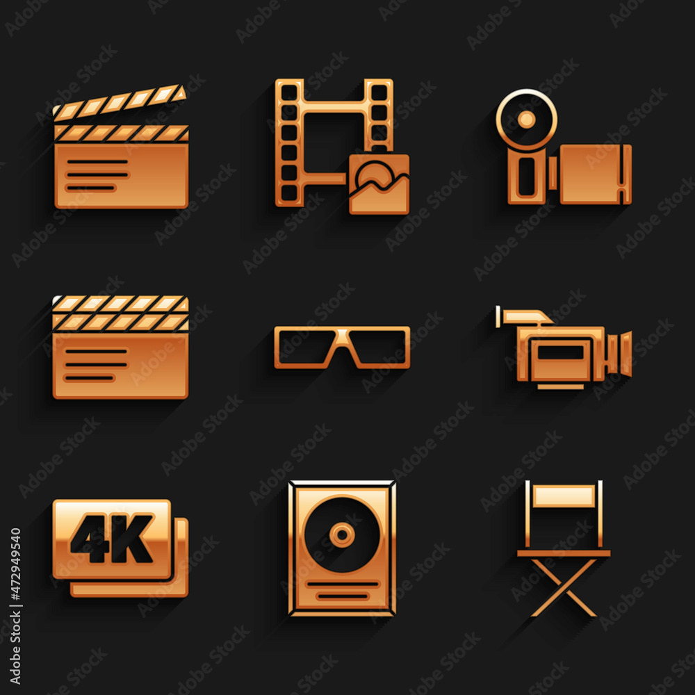 Set 3D cinema glasses, CD disk award frame, Director movie chair, Cinema camera, 4k Ultra HD, Movie clapper, and icon. Vector Set 3D cinema glasses, CD disk award frame, Director movie chair, Cinema camera, 4k Ultra HD, Movie clapper, and icon. Vector