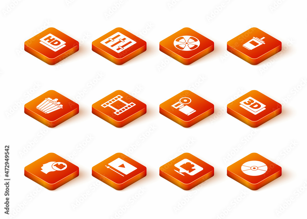 Set Head with camera, Online play video, Popcorn box, Play Video, Camera and location, Cinema, CD DVD disk and 3D word icon. Vector Set Head with camera, Online play video, Popcorn box, Play Video, Camera and location, Cinema, CD DVD disk and 3D word icon. Vector