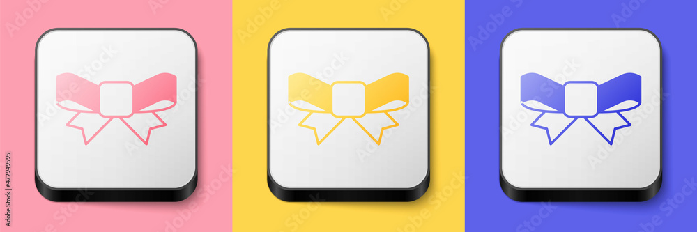 Isometric Gift bow icon isolated on pink, yellow and blue background. Square button. Vector Isometric Gift bow icon isolated on pink, yellow and blue background. Square button. Vector