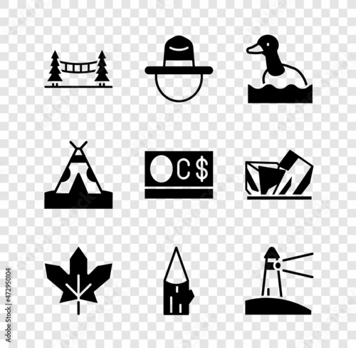 Set Capilano Suspension Bridge, Canadian ranger hat, Flying duck, maple leaf, Wooden log, Lighthouse, Indian teepee or wigwam and dollar icon. Vector