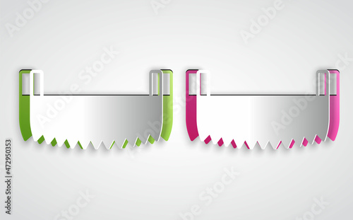 Paper cut Two-handed saw icon isolated on grey background. Paper art style. Vector
