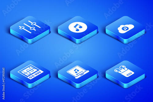Set Air headphones in box, Music equalizer, Laptop with music note, Oscilloscope, tone and streaming service icon. Vector