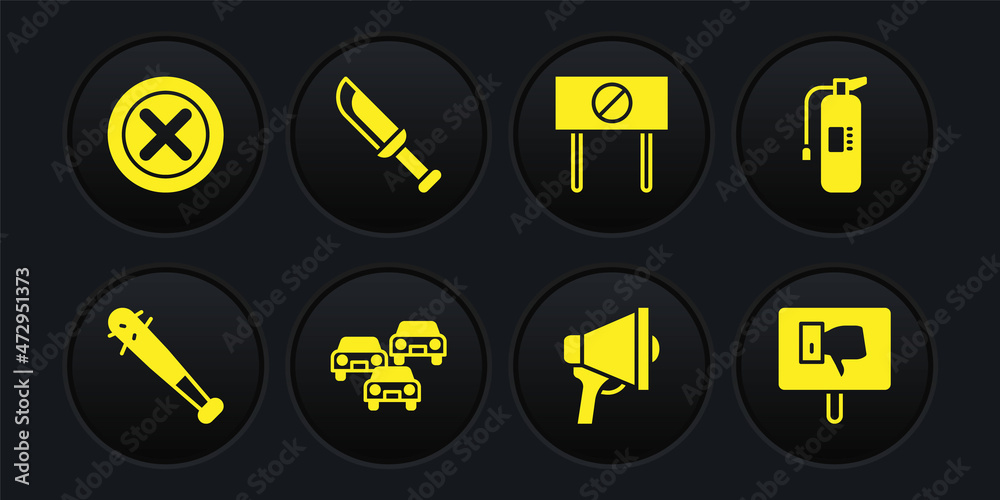 Set Baseball bat with nails, Fire extinguisher, Traffic jam, Megaphone, Protest, Military knife, and X Mark, Cross circle icon. Vector