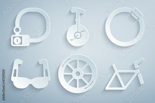 Set Bicycle wheel, brake disc, Sport cycling sunglasses, frame, Unicycle one bicycle and lock icon. Vector