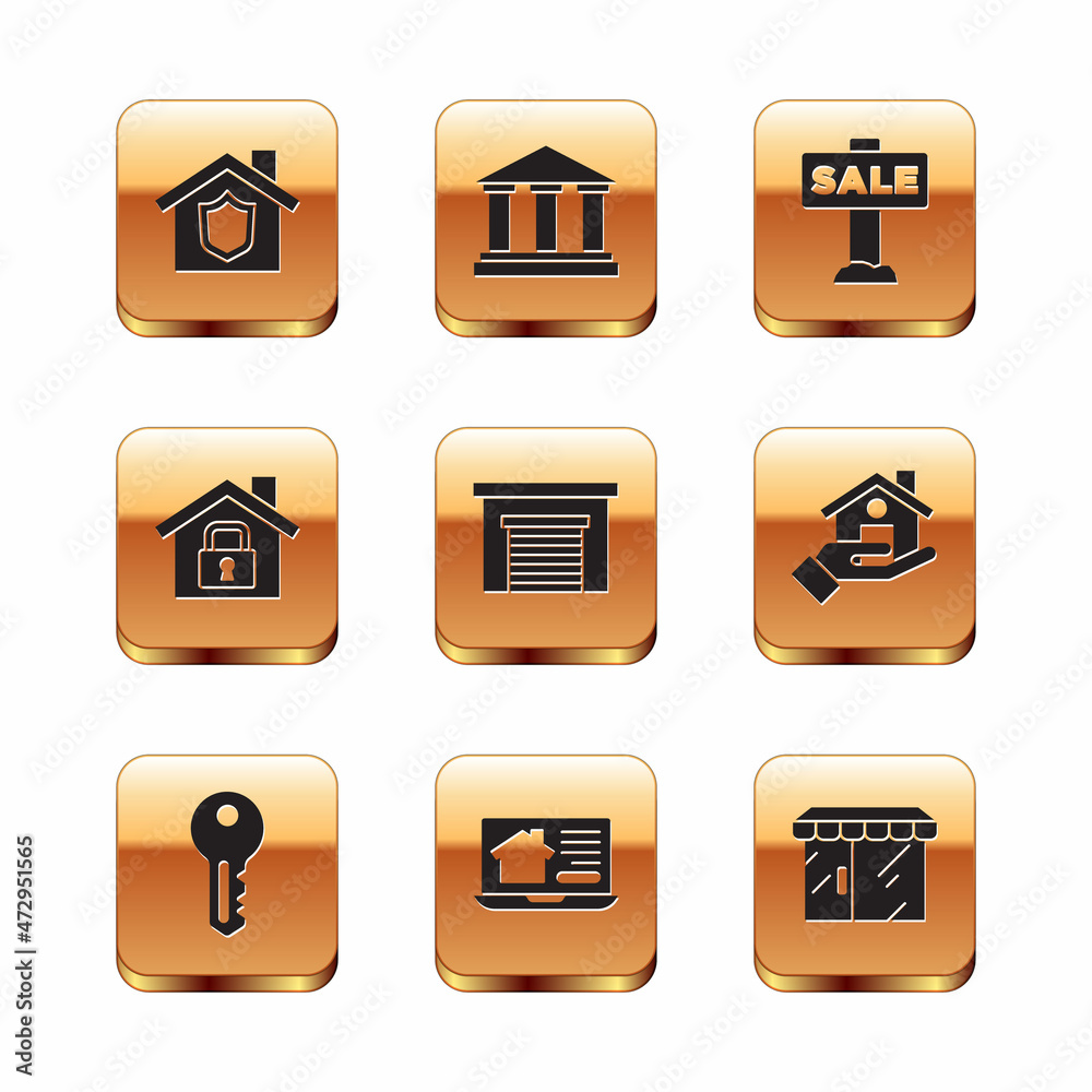 Set House with shield, key, Online real estate house, Garage, under protection, Hanging sign Sale, Market store and Museum building icon. Vector Set House with shield, key, Online real estate house, Garage, under protection, Hanging sign Sale, Market store and Museum building icon. Vector