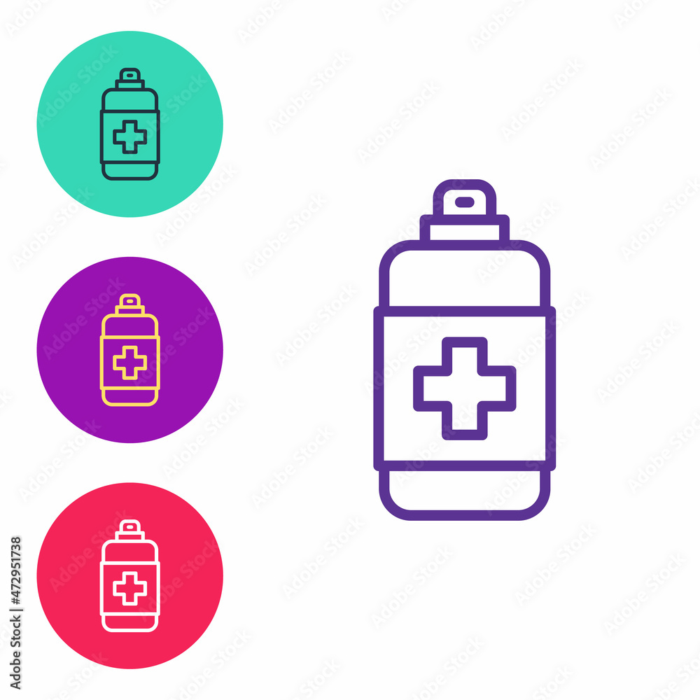 Set line Bottle of liquid antibacterial soap with dispenser icon isolated on white background. Antiseptic. Disinfection, hygiene, skin care. Set icons colorful. Vector Set line Bottle of liquid antibacterial soap with dispenser icon isolated on white background. Antiseptic. Disinfection, hygiene, skin care. Set icons colorful. Vector