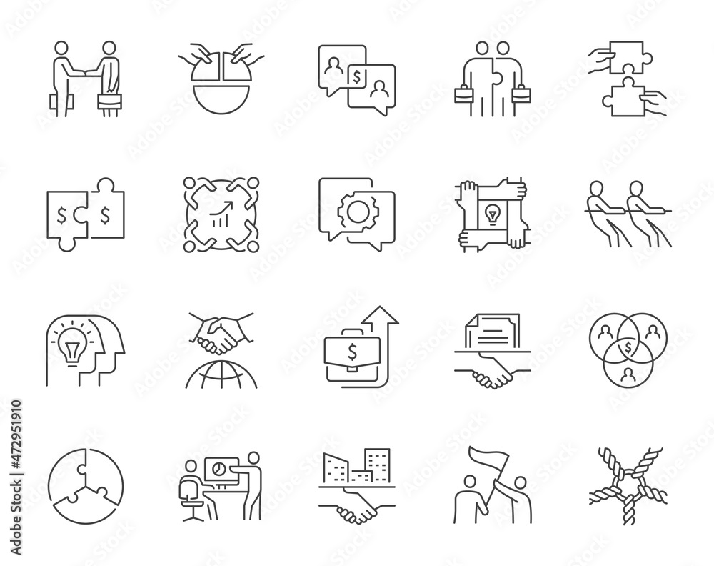 Vector line icons related to business cooperation and team collaboration. Contains such icons as unity, synergy, co-worker, brainstorming, interaction and more. Editable stroke.