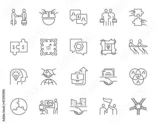 Vector line icons related to business cooperation and team collaboration. Contains such icons as unity, synergy, co-worker, brainstorming, interaction and more. Editable stroke.