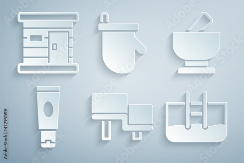 Set Sauna wood bench, Mortar and pestle, Cream lotion cosmetic tube, Swimming pool with ladder, mittens and wooden bathhouse icon. Vector