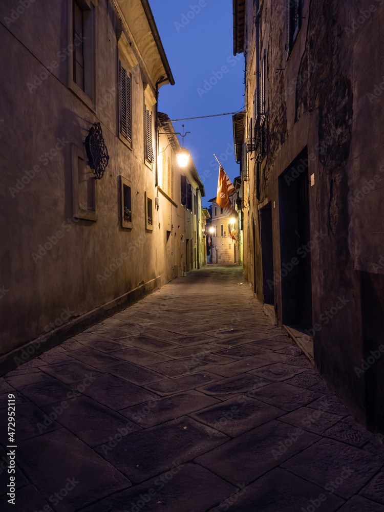 Montalcino Old Town Moody, Dark Alley at Night in Tuscany, Italy