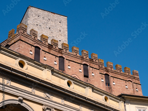 Loggia and Tower of the Palazzo Ballati on Piazza Indipendenza, Siena, Tuscany, Italy photo