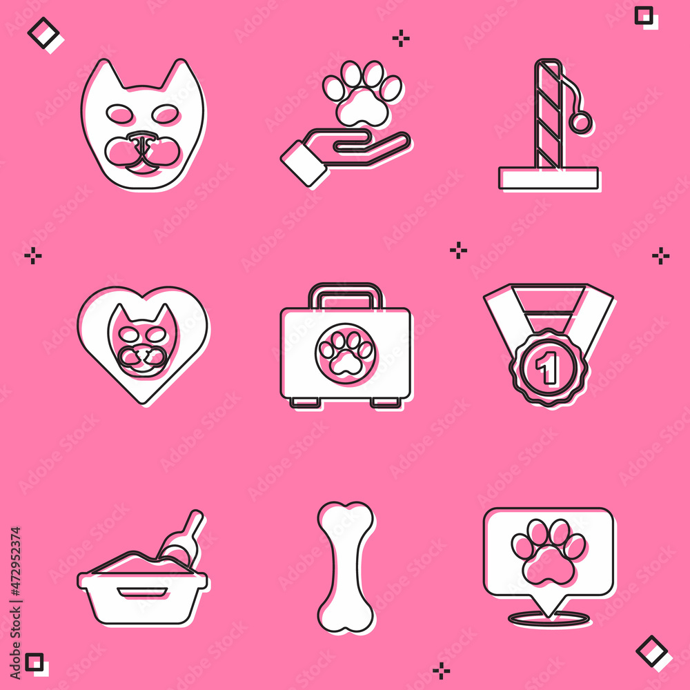 Set Cat, Hands with animals footprint, scratching post, Heart cat, Pet first aid kit, Dog award symbol, litter tray shovel and bone icon. Vector Set Cat, Hands with animals footprint, scratching post, Heart cat, Pet first aid kit, Dog award symbol, litter tray shovel and bone icon. Vector