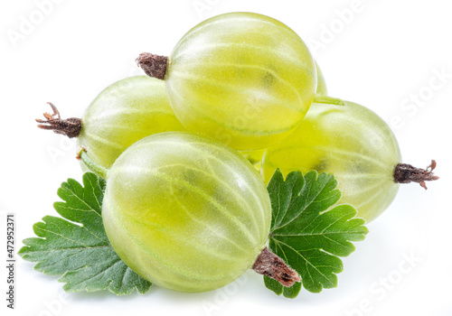 Three green ripe gooseberries with leves on white background. Close-up.