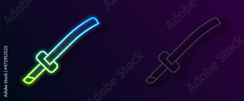 Glowing neon line Traditional Japanese katana icon isolated on black background. Japanese sword. Vector