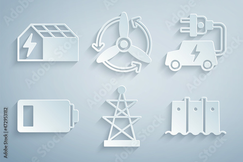 Set Electric tower, car, Battery, Hydroelectric dam, Wind turbine and Solar energy panel icon. Vector