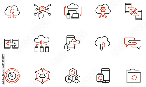 Vector set of linear icons related to network cloud service, cloud storage, data transfer and synchronization. Mono line pictograms and infographics design elements