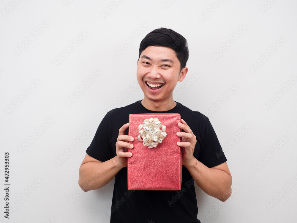 Man get gift box feeling happiness and cheerful white background Man get gift box feeling happiness and cheerful white background