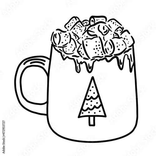 Black and white outline illustration of a cup of hot chocolate with marshmallows.