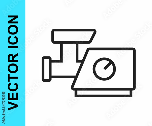 Black line Kitchen meat grinder icon isolated on white background. Vector