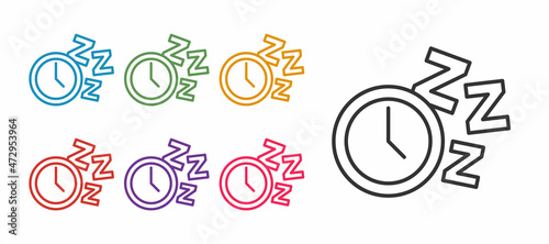 Set line Alarm clock icon isolated on white background. Wake up, get up concept. Time sign. Set icons colorful. Vector