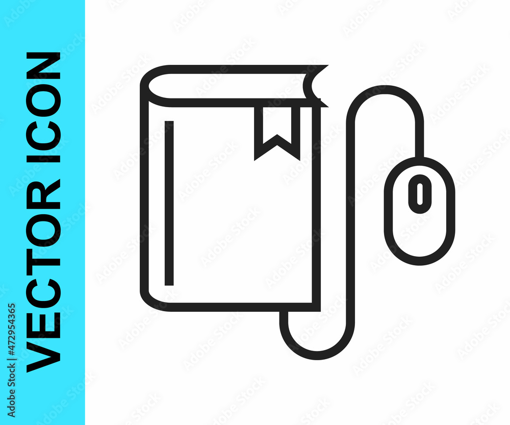 Black line Electronic book with mouse icon isolated on white background. Online education concept. E-book badge icon. Vector Black line Electronic book with mouse icon isolated on white background. Online education concept. E-book badge icon. Vector