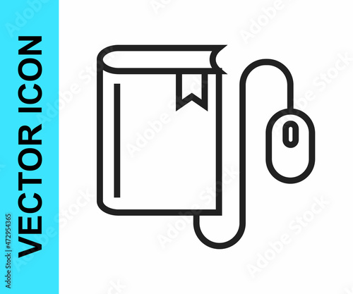 Black line Electronic book with mouse icon isolated on white background. Online education concept. E-book badge icon. Vector