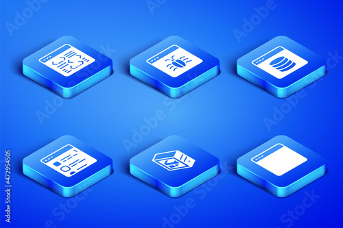 Set Browser window, Software, Computer, files, System bug and Server, Data, Web Hosting icon. Vector