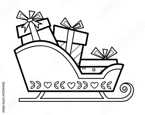Christmas coloring book or page for kids. Christmas sled black and white  illustration