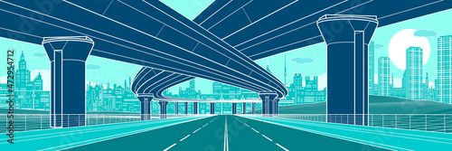 Colorful city architecture and infrastructure illustration, automotive overpass, big bridges, urban scene. Night town. Large highway. White outlines on color background. Vector design art