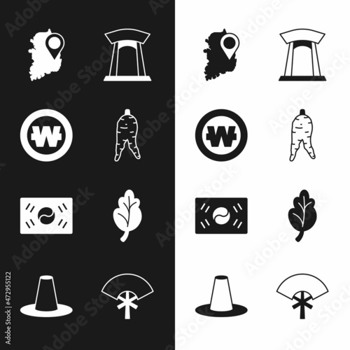 Set Ginseng root, South Korean won coin, map, gate, flag, Kimchi, Traditional fan and hat icon. Vector
