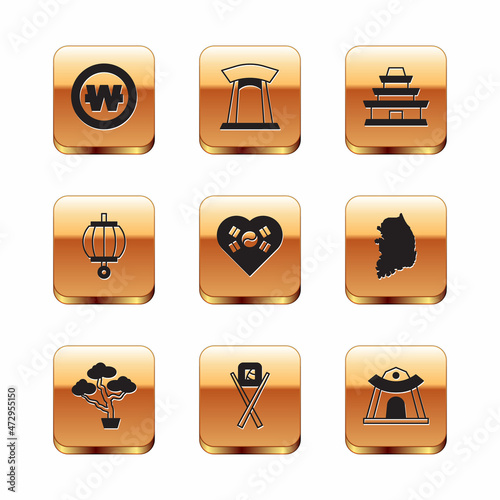 Set South Korean won coin, Bonsai tree, Sushi with chopsticks, Love heart, lantern, temple, and gate icon. Vector