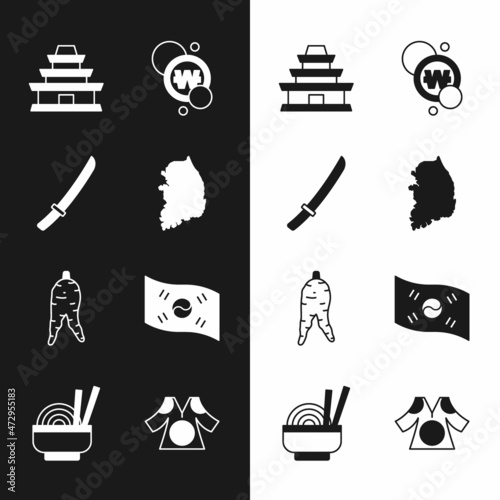 Set South Korea map, Katana, Korean temple, won coin, Ginseng root, flag, Kimono and Asian noodles bowl icon. Vector