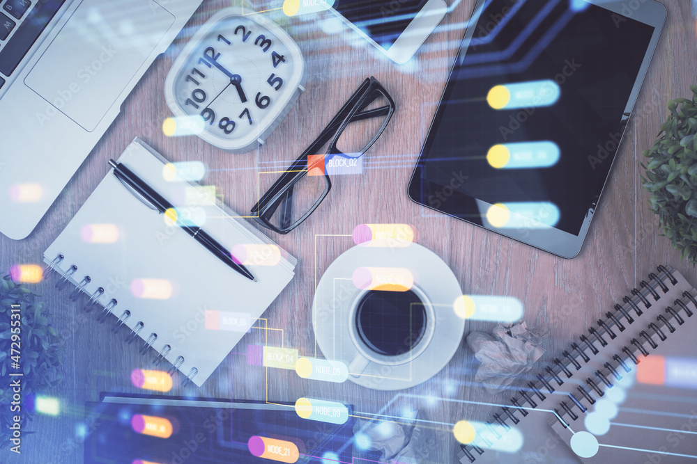 Double exposure of technology theme drawing over work table desktop. Top view. Global data analysis concept. Double exposure of technology theme drawing over work table desktop. Top view. Global data analysis concept.