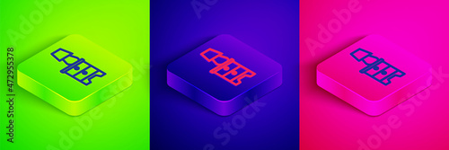Isometric line Furniture nightstand with lamp icon isolated on green, blue and pink background. Square button. Vector