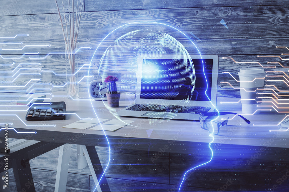 Double exposure of brain drawing and office interior background. Concept of data technology.