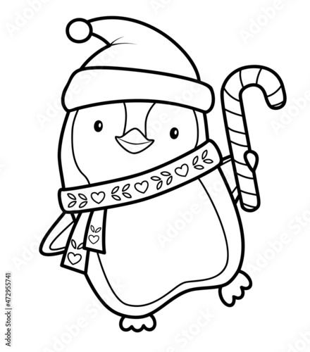 Christmas coloring book or page for kids. Christmas penguin black and white illustration