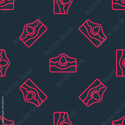 Red line Acne icon isolated seamless pattern on black background. Inflamed pimple on the skin. The sebum in the clogged pore promotes the growth of a bacteria. Vector