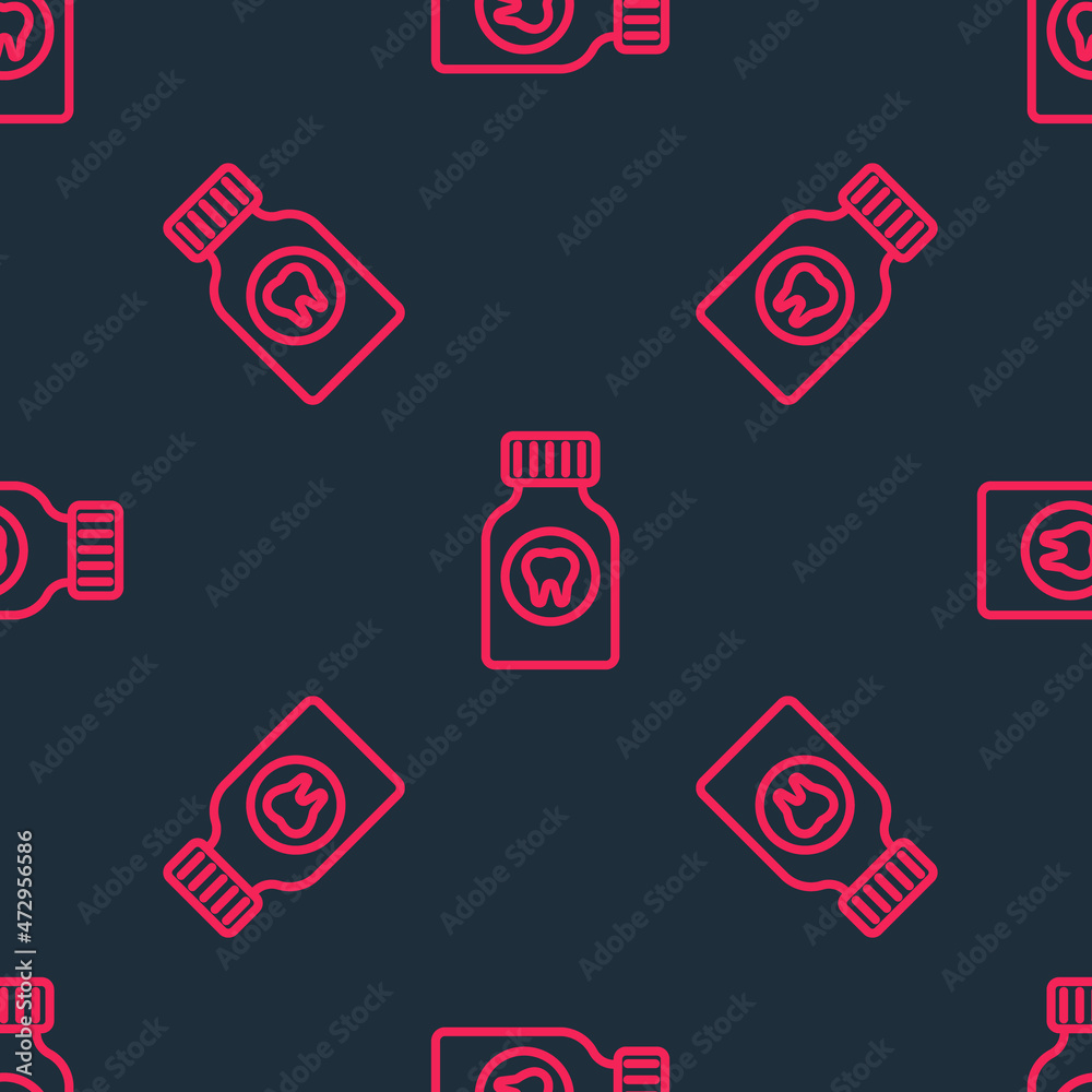 Red line Toothache painkiller tablet icon isolated seamless pattern on black background. Tooth care medicine. Capsule pill and drug. Pharmacy design. Vector Red line Toothache painkiller tablet icon isolated seamless pattern on black background. Tooth care medicine. Capsule pill and drug. Pharmacy design. Vector