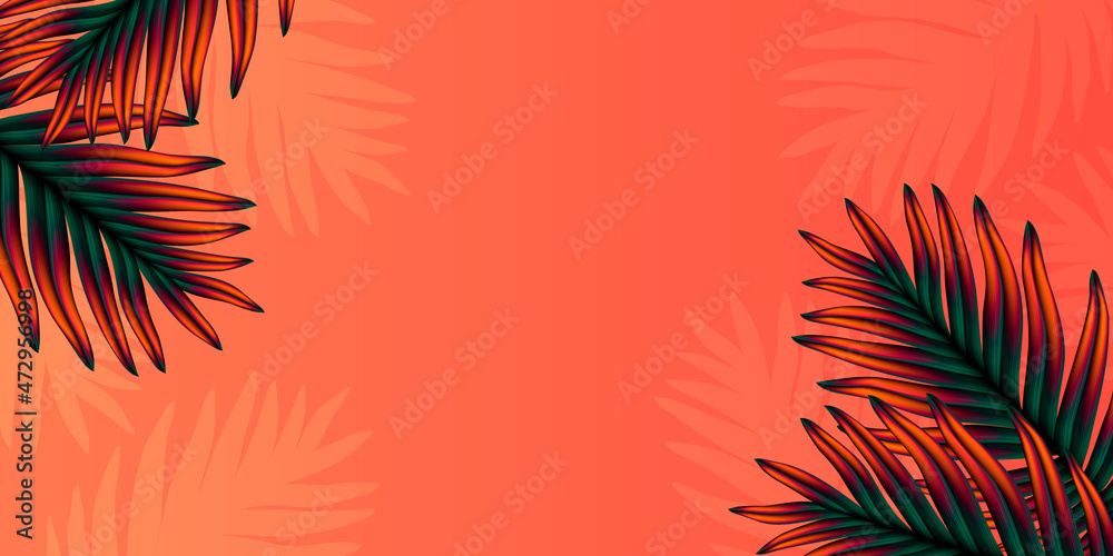 Bright tropical leaves on a pink background. Stock vector illustration.
