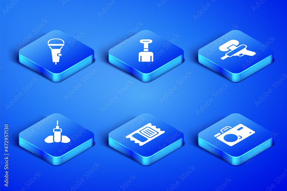 Set Photo camera, Microphone, Circus ticket, Dart arrow, Shovel toy and Water gun icon. Vector Set Photo camera, Microphone, Circus ticket, Dart arrow, Shovel toy and Water gun icon. Vector