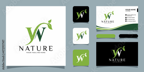 Initial Letter w With Leaf Luxury Logo. Green leaf logo Template vector Design with business card design