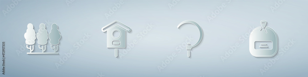 Fototapeta premium Set Fruit trees, Bird house, Sickle and Pack full of seeds. Paper art style. Vector
