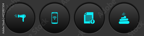 Set Hair dryer, Smartphone with wireless, Upload file and Shit icon. Vector