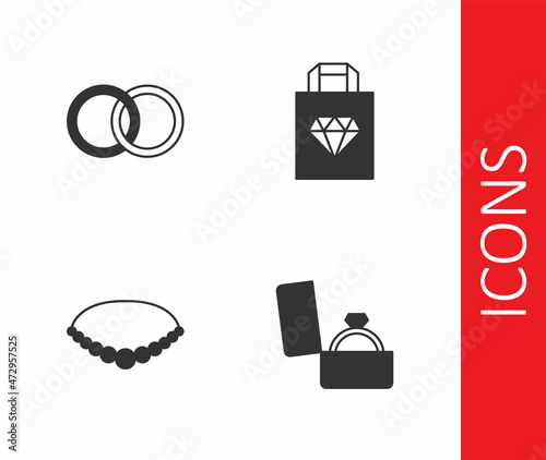 Set Diamond engagement ring in box, Wedding rings, Pearl necklace and Shopping bag jewelry icon. Vector