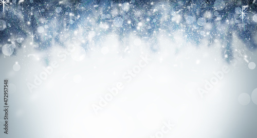 Christmas beautiful illustration, blurry lights and glare. Christmas winter background with copy space.