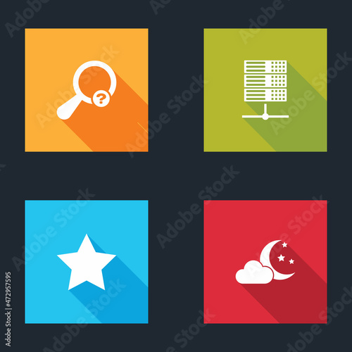 Set Unknown search, Server, Data, Web Hosting, Star and Cloud with moon and stars icon. Vector