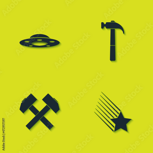 Set UFO flying spaceship, Falling star, Two crossed hammers and Hammer icon. Vector