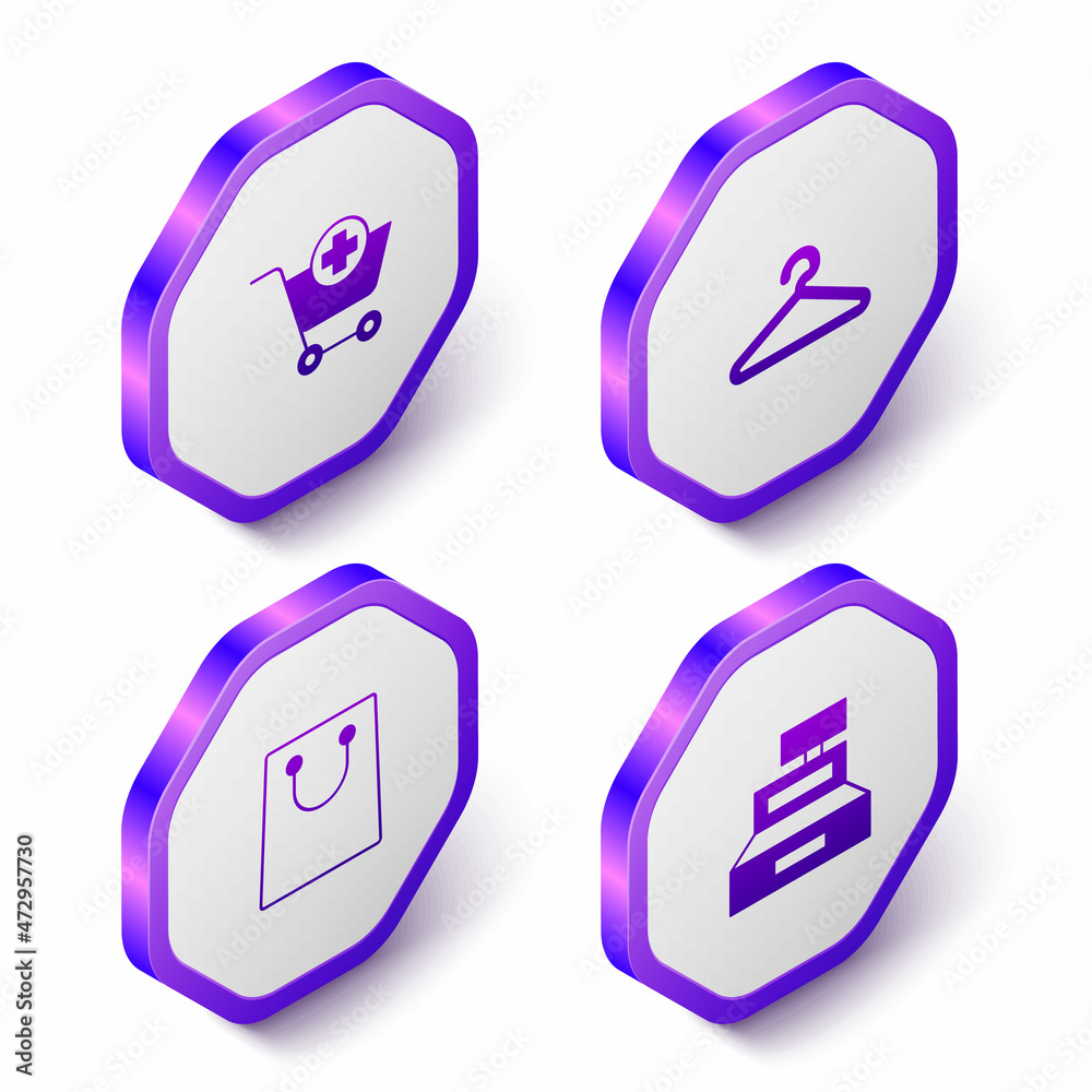 Set Isometric Add to Shopping cart, Hanger wardrobe, Paper shopping bag and Cash register machine icon. Purple hexagon button. Vector Set Isometric Add to Shopping cart, Hanger wardrobe, Paper shopping bag and Cash register machine icon. Purple hexagon button. Vector