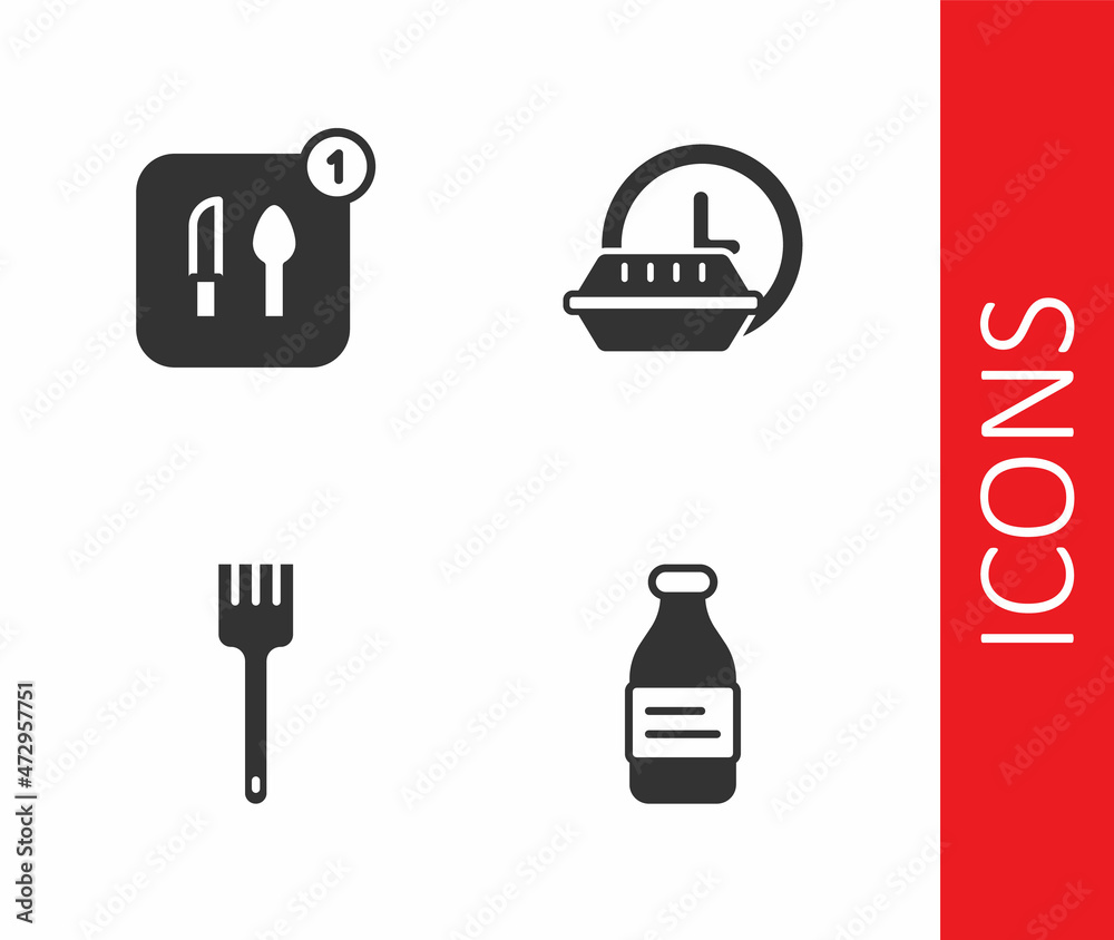 Set Bottle of water, Food ordering, Fork and Round the clock delivery icon. Vector Set Bottle of water, Food ordering, Fork and Round the clock delivery icon. Vector