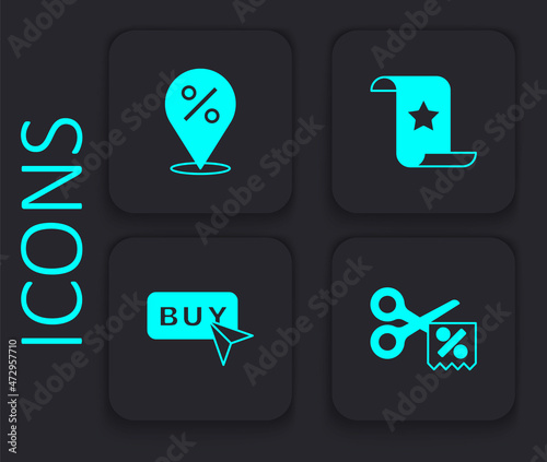 Set Scissors cuts discount coupon, Location with percent, Paper check and financial check and Buy button icon. Black square button. Vector
